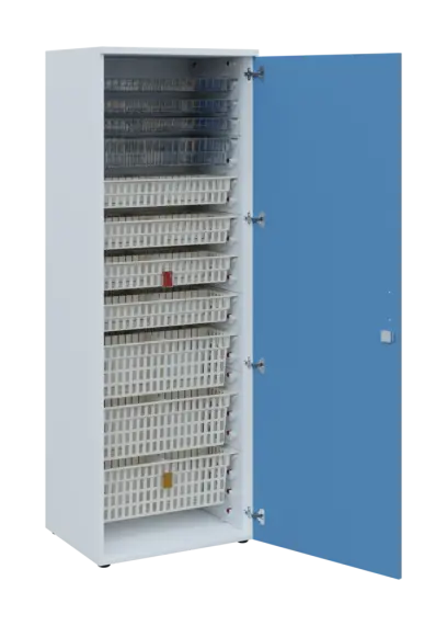 EUROMEDICA D - 66 skříň léková boxová, 1-dveřová, pravá, 1950x660x535, korpus bílý, dvířka pastelově modrá